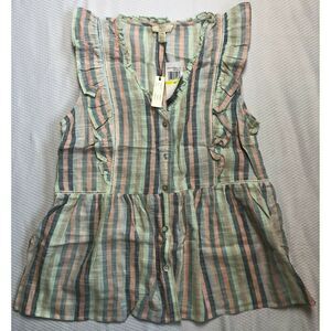 Cupio Multi Color Striped Ruffle Sleeveless Button Up Shirt Top Blouse Size M NW